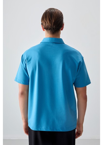 Petrol Mavi Pamuklu Kalın Yumuşak Dokulu Polo Yaka Oversize Fit Basic Erkek T- Shirt - 88382