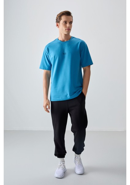 Petrol Mavi Pamuklu Kalın Yumuşak Dokulu Oversize Fit Baskılı Erkek T-Shirt - 88373
