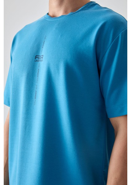 Petrol Mavi Pamuklu Kalın Yumuşak Dokulu Oversize Fit Baskılı Erkek T-Shirt - 88373