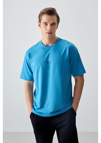 Petrol Mavi Pamuklu Kalın Yumuşak Dokulu Oversize Fit Baskılı Erkek T-Shirt - 88373