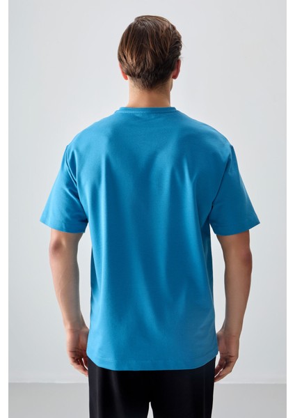 Petrol Mavi Pamuklu Kalın Yumuşak Dokulu Oversize Fit Baskılı Erkek T-Shirt - 88373