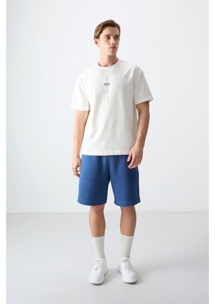 Ekru Pamuklu Kalın Yumuşak Dokulu Oversize Fit Baskılı Erkek T-Shirt - 88373