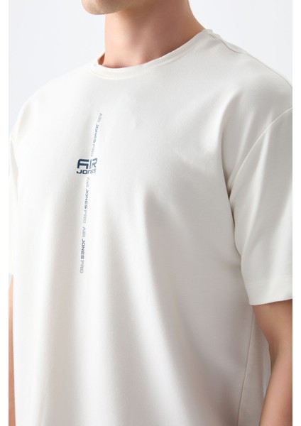 Ekru Pamuklu Kalın Yumuşak Dokulu Oversize Fit Baskılı Erkek T-Shirt - 88373