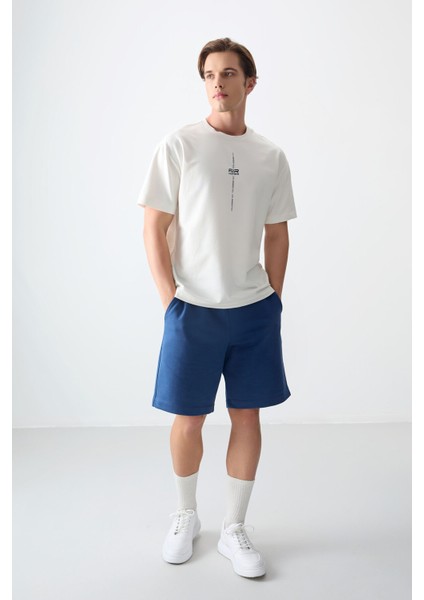 Ekru Pamuklu Kalın Yumuşak Dokulu Oversize Fit Baskılı Erkek T-Shirt - 88373