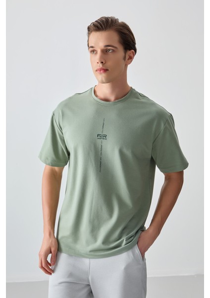 Açık Yeşil Pamuklu Kalın Yumuşak Dokulu Oversize Fit Baskılı Erkek T-Shirt - 88373 fiyatları