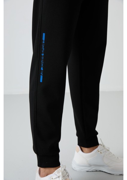 Kar Melanj - Siyah Pamuklu Kalın Yumuşak Dokulu Comfort Fit Baskılı Erkek Eşofman Takım - 85239