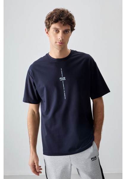 Lacivert Pamuklu Kalın Yumuşak Dokulu Oversize Fit Baskılı Erkek T-Shirt - 88373