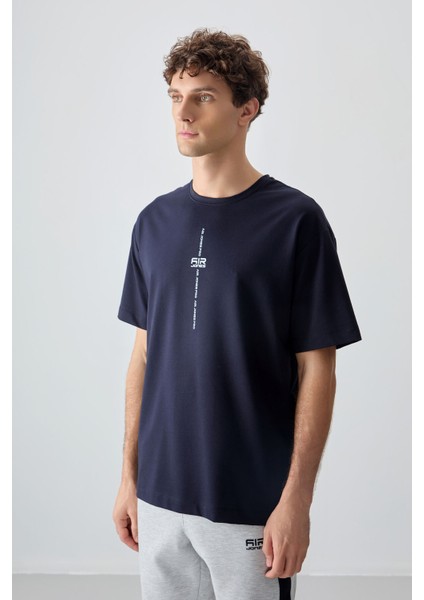 Lacivert Pamuklu Kalın Yumuşak Dokulu Oversize Fit Baskılı Erkek T-Shirt - 88373