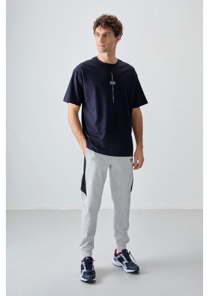 Lacivert Pamuklu Kalın Yumuşak Dokulu Oversize Fit Baskılı Erkek T-Shirt - 88373