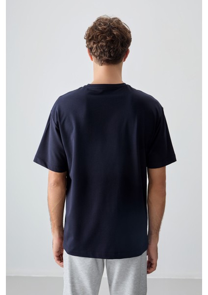 Lacivert Pamuklu Kalın Yumuşak Dokulu Oversize Fit Baskılı Erkek T-Shirt - 88373