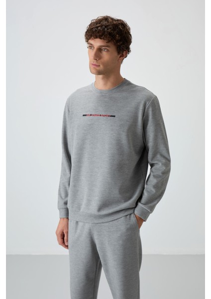 Gri Melanj Pamuklu Kalın Yumuşak Dokulu Comfort Fit Baskılı Erkek Eşofman Takım - 85239