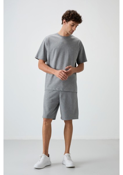 Gri Melanj Pamuklu Kalın Yumuşak Dokulu Oversize Fit Basic Erkek Şort Takım - 85249