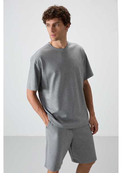 Gri Melanj Pamuklu Kalın Yumuşak Dokulu Oversize Fit Basic Erkek Şort Takım - 85249
