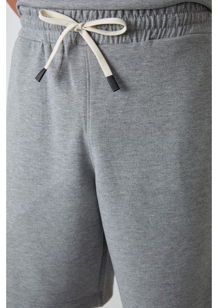 Gri Melanj Pamuklu Kalın Yumuşak Dokulu Oversize Fit Basic Erkek Şort Takım - 85249
