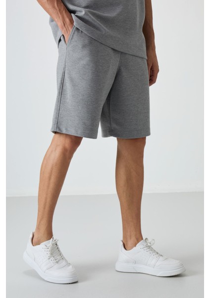 Gri Melanj Pamuklu Kalın Yumuşak Dokulu Oversize Fit Basic Erkek Şort Takım - 85249
