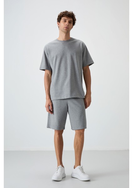 Gri Melanj Pamuklu Kalın Yumuşak Dokulu Oversize Fit Basic Erkek Şort Takım - 85249