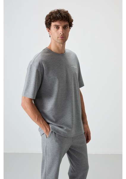 Gri Melanj Pamuklu Kalın Yumuşak Dokulu Oversize Fit Nakışlı Erkek Eşofman Takım - 85252