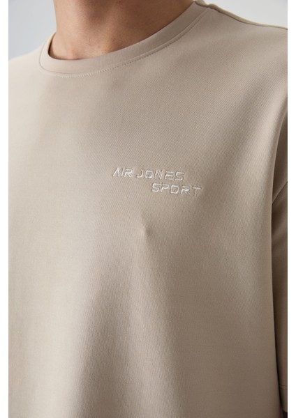Bej Pamuklu Kalın Yumuşak Dokulu Oversize Fit Nakışlı Erkek Eşofman Takım - 85252