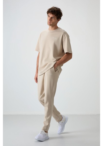 Bej Pamuklu Kalın Yumuşak Dokulu Oversize Fit Nakışlı Erkek Eşofman Takım - 85252