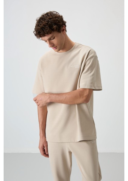 Bej Pamuklu Kalın Yumuşak Dokulu Oversize Fit Nakışlı Erkek Eşofman Takım - 85252