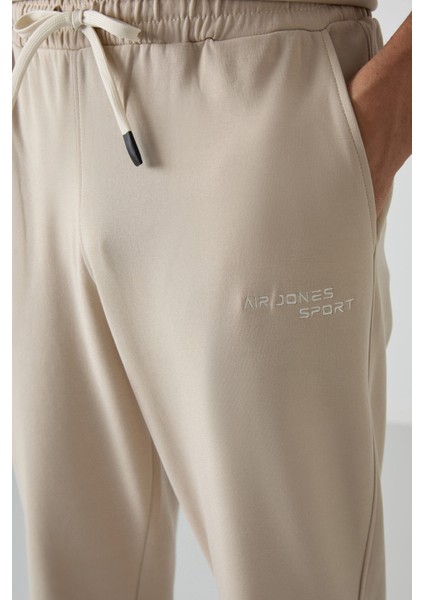 Bej Pamuklu Kalın Yumuşak Dokulu Oversize Fit Nakışlı Erkek Eşofman Takım - 85252