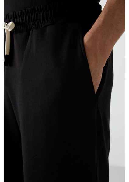 Siyah Pamuklu Kalın Yumuşak Dokulu Oversize Fit Basic Erkek Şort Takım - 85249