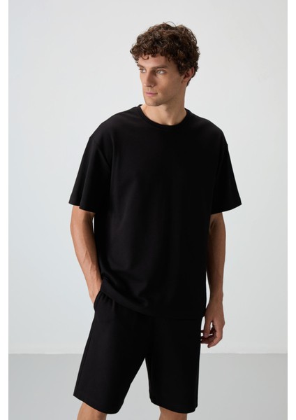 Siyah Pamuklu Kalın Yumuşak Dokulu Oversize Fit Basic Erkek Şort Takım - 85249