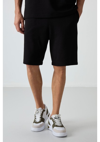 Siyah Pamuklu Kalın Yumuşak Dokulu Oversize Fit Basic Erkek Şort Takım - 85249
