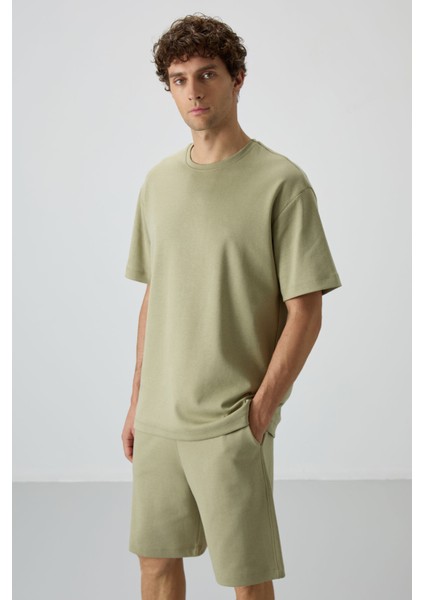Açık Çağla Pamuklu Kalın Yumuşak Dokulu Oversize Fit Basic Erkek Şort Takım - 85249