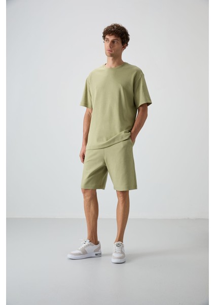 Açık Çağla Pamuklu Kalın Yumuşak Dokulu Oversize Fit Basic Erkek Şort Takım - 85249