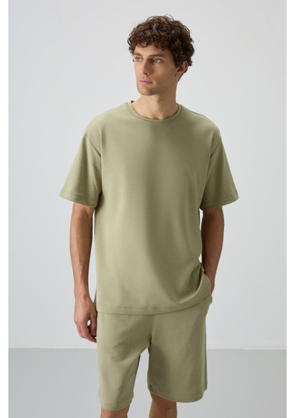 Açık Çağla Pamuklu Kalın Yumuşak Dokulu Oversize Fit Basic Erkek Şort Takım - 85249