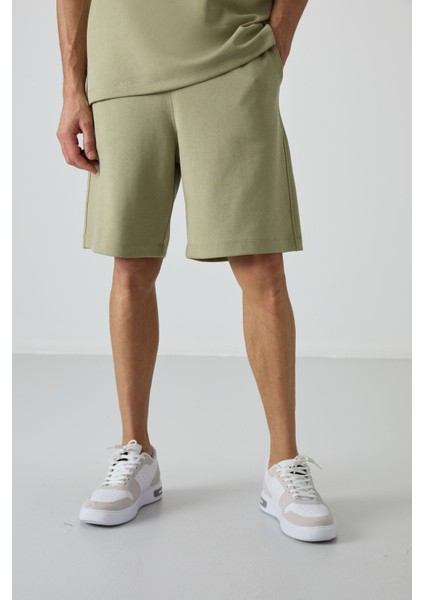 Açık Çağla Pamuklu Kalın Yumuşak Dokulu Oversize Fit Basic Erkek Şort Takım - 85249