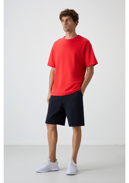 Fiesta - Lacivert Pamuklu Kalın Yumuşak Dokulu Oversize Fit Basic Erkek Şort Takım - 85249