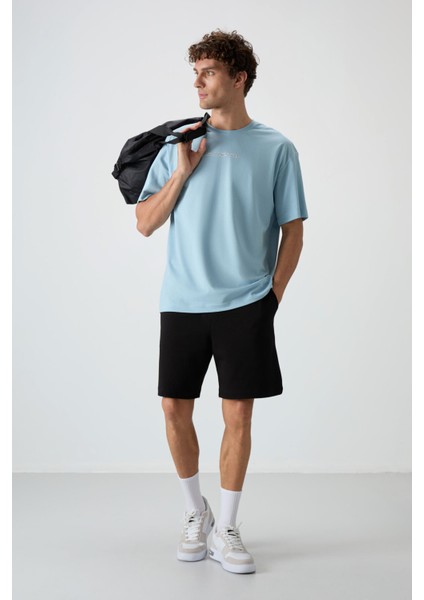 Açık Mavi Pamuklu Kalın Yüzeyi Dokulu Oversize Fit Baskılı Erkek T-Shirt - 88364