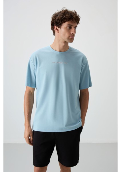 Açık Mavi Pamuklu Kalın Yüzeyi Dokulu Oversize Fit Baskılı Erkek T-Shirt - 88364