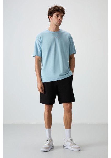 Açık Mavi Pamuklu Kalın Yüzeyi Dokulu Oversize Fit Baskılı Erkek T-Shirt - 88364