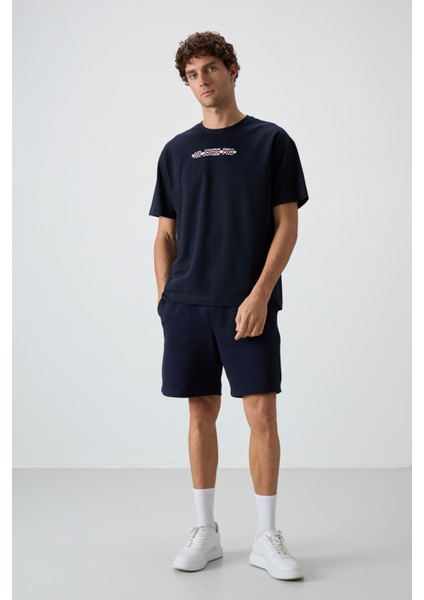 Lacivert Pamuklu Kalın Yüzeyi Dokulu Oversize Fit Baskılı Erkek T-Shirt - 88365