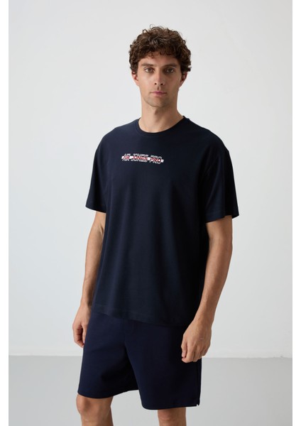 Lacivert Pamuklu Kalın Yüzeyi Dokulu Oversize Fit Baskılı Erkek T-Shirt - 88365
