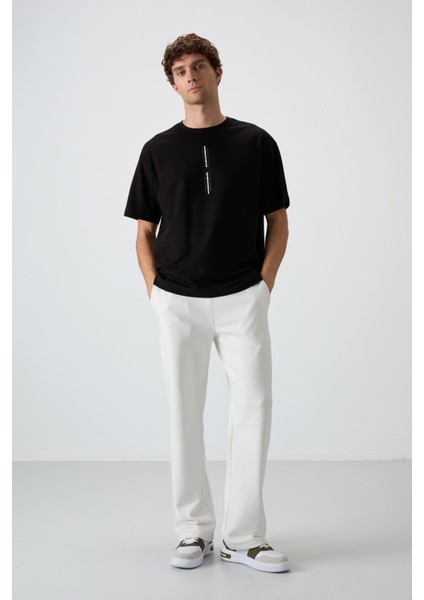 Siyah Pamuklu Kalın Yüzeyi Dokulu Oversize Fit Baskılı Erkek T-Shirt - 88366