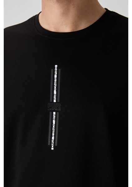 Siyah Pamuklu Kalın Yüzeyi Dokulu Oversize Fit Baskılı Erkek T-Shirt - 88366