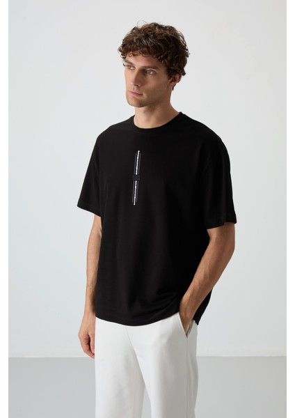 Siyah Pamuklu Kalın Yüzeyi Dokulu Oversize Fit Baskılı Erkek T-Shirt - 88366