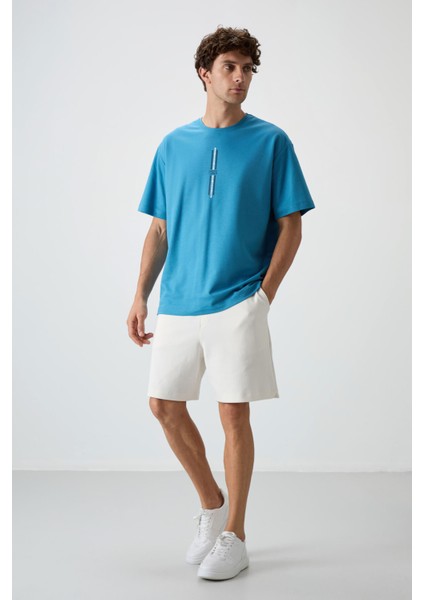Petrol Mavi Pamuklu Kalın Yüzeyi Dokulu Oversize Fit Baskılı Erkek T-Shirt - 88366
