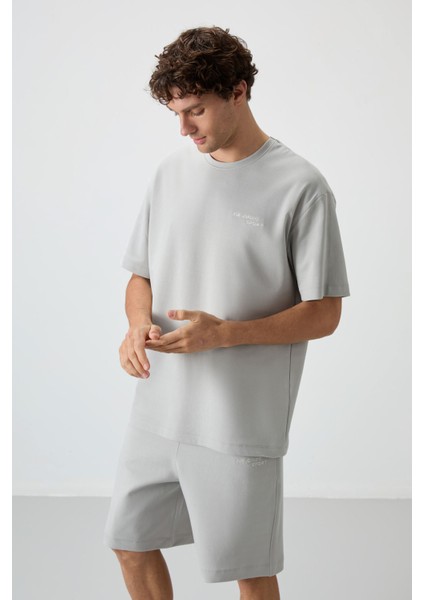 Taş Pamuklu Kalın Yumuşak Dokulu Oversize Fit Nakışlı Erkek Şort Takım - 85250 modelleri