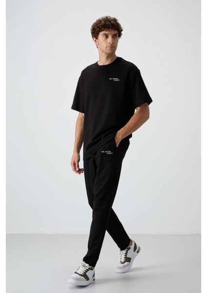 Siyah Pamuklu Kalın Yumuşak Dokulu Oversize Fit Nakışlı Erkek Eşofman Takım - 85252