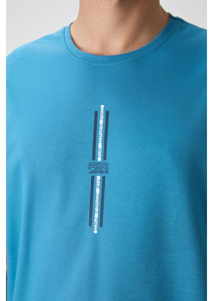 Petrol Mavi Pamuklu Kalın Yüzeyi Dokulu Oversize Fit Baskılı Erkek T-Shirt - 88366