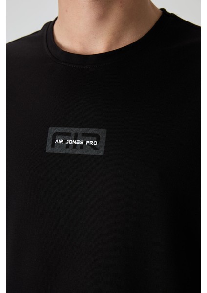Siyah Pamuklu Kalın Yüzeyi Dokulu Oversize Fit Baskılı Erkek T-Shirt - 88367