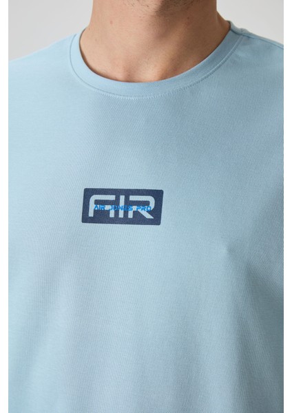Açık Mavi Pamuklu Kalın Yüzeyi Dokulu Oversize Fit Baskılı Erkek T-Shirt - 88367