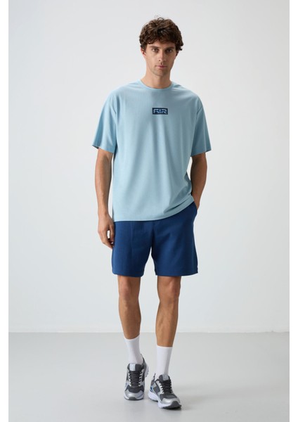 Açık Mavi Pamuklu Kalın Yüzeyi Dokulu Oversize Fit Baskılı Erkek T-Shirt - 88367