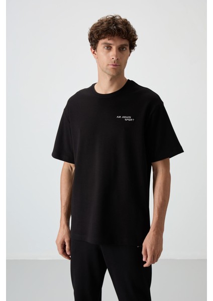 Siyah Pamuklu Kalın Yumuşak Dokulu Oversize Fit Nakışlı Erkek Eşofman Takım - 85252