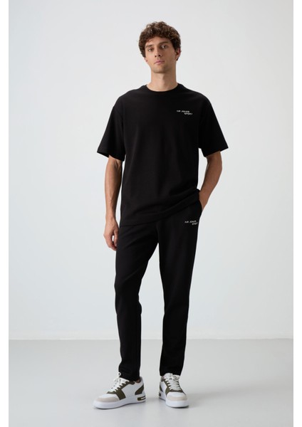 Siyah Pamuklu Kalın Yumuşak Dokulu Oversize Fit Nakışlı Erkek Eşofman Takım - 85252